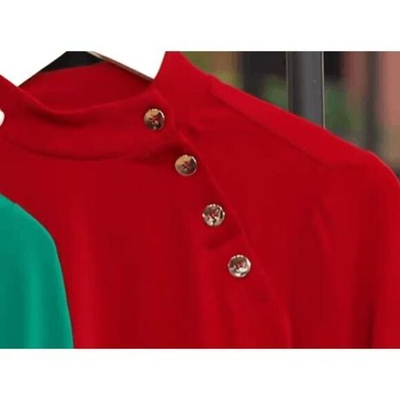 Susan Graver Womens 3X Liquid Knit Top Rio Red Mock Neck Button Detail NWT - Picture 2 of 2